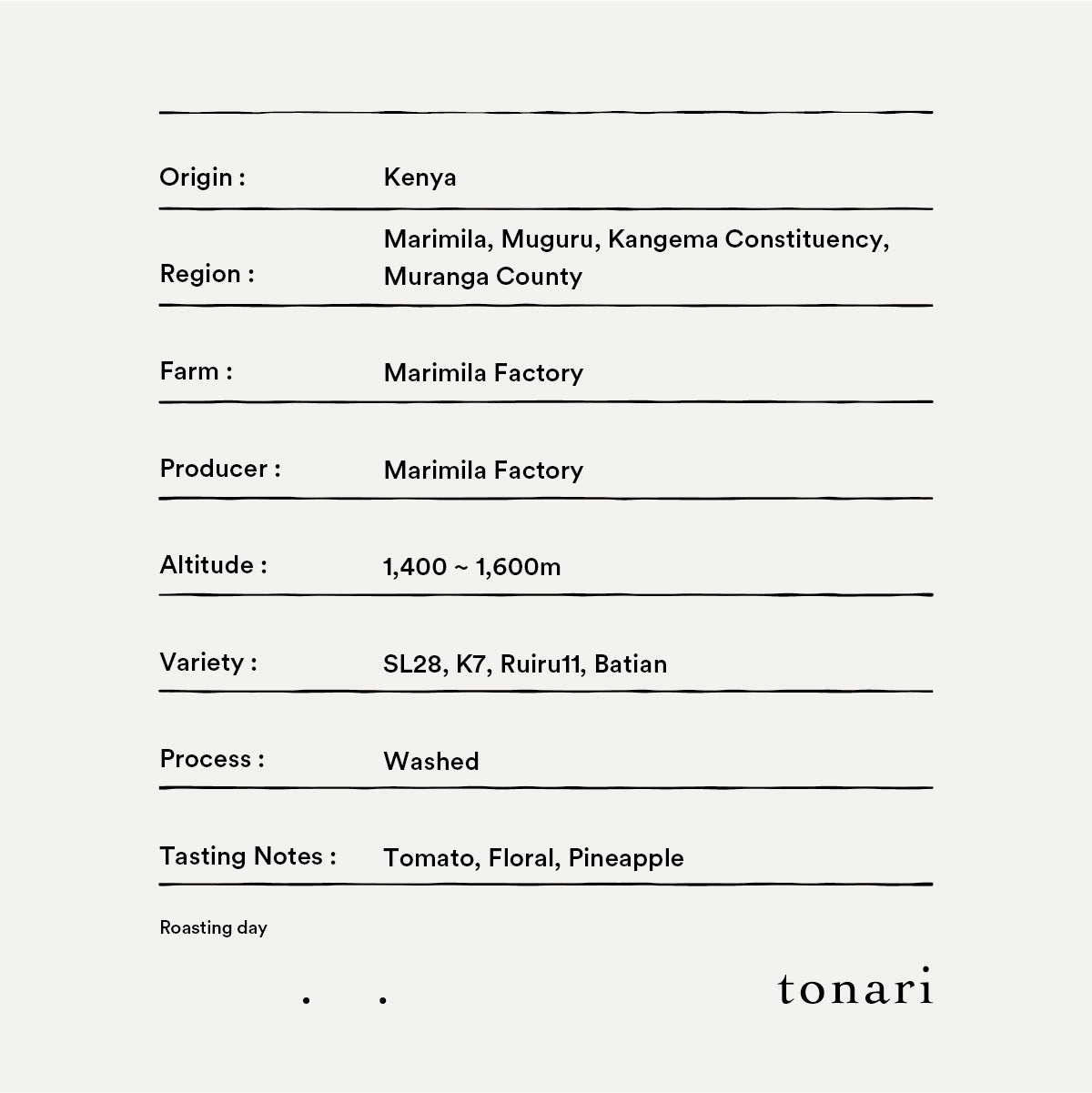 【Kenya】Marimira / SL28,K7,Ruiru11,Batian / Washed